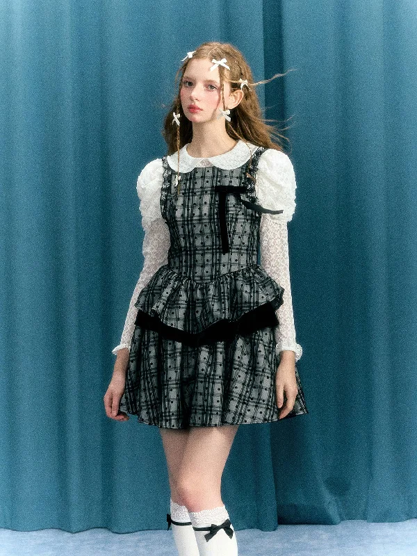 Black And White Plaid Polka Dot Velvet Stitching Bow Waist Vest Dress NAR0050 Tunics Timeless classic