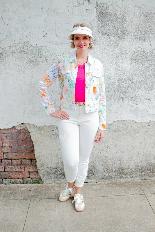 White Floral Print Denim Jacket Herringbone Jacket Checkered Jacket Solid Jacket