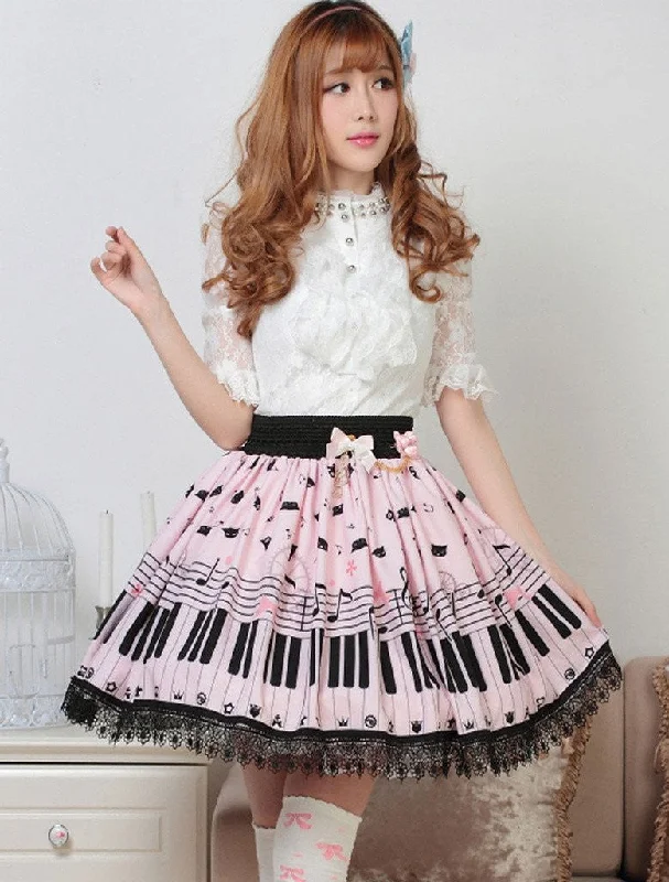 Sweet Lolita Skirt with Piano Key and Melody Printing flowy skirt hem