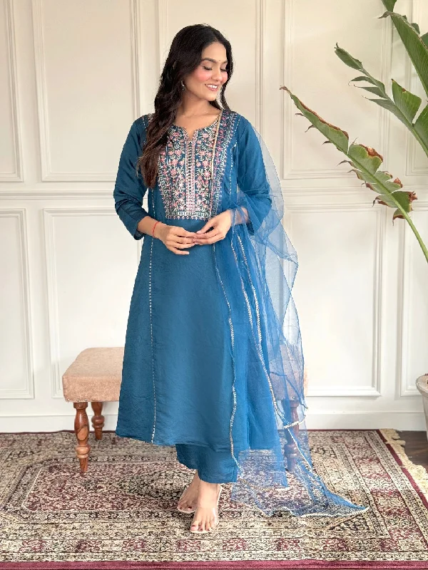 Blue Designer Readymade Pant With Printed Embroidery Work Cozy Fitted Pants