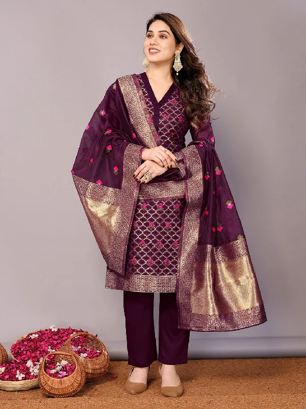 Wine Designer Readymade Pant Suit With Wevon Design Soft Stretch Pants
