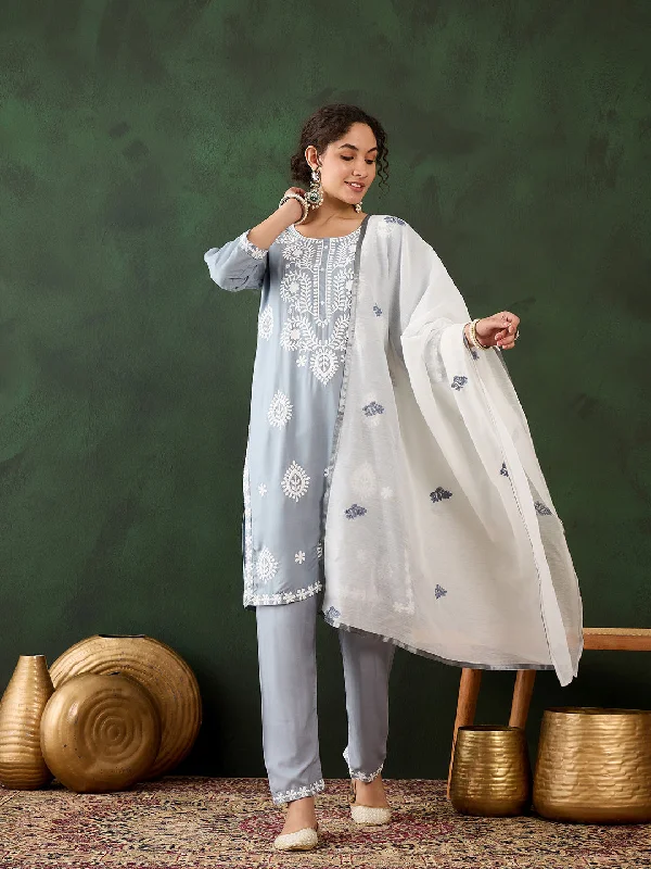 Grey Designer Readymade Pant Suit With Chikankari Embroidery Work Fashionable Sporty Pants Grey Designer Readymade Pant Suit With Chikankari Embroidery Work Fashionable Sporty Pants