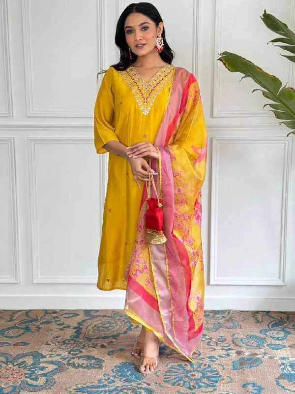 Yellow Attractive Looking Readymade Pant Suit With Embroidery Printed Work Trendy Printed Pants