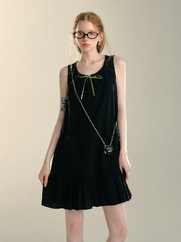 Holiday Style Contrast Bow Waist Drawstring Black Vest Dress SOM0093 empire Waist empire
