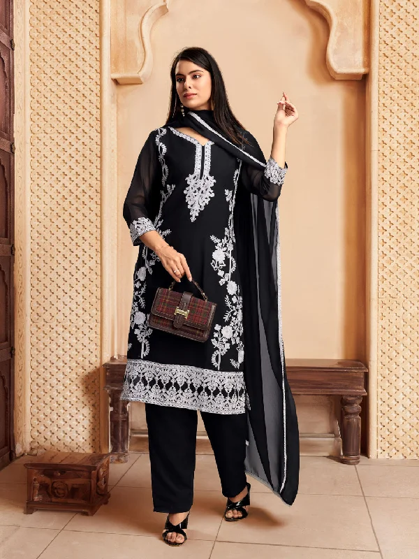 Black Designer Readymade Pant Suit With Lacknowi Chikankari Embroidery Work Elegant Palazzo Trousers Black Designer Readymade Pant Suit With Lacknowi Chikankari Embroidery Work Elegant Palazzo Trousers