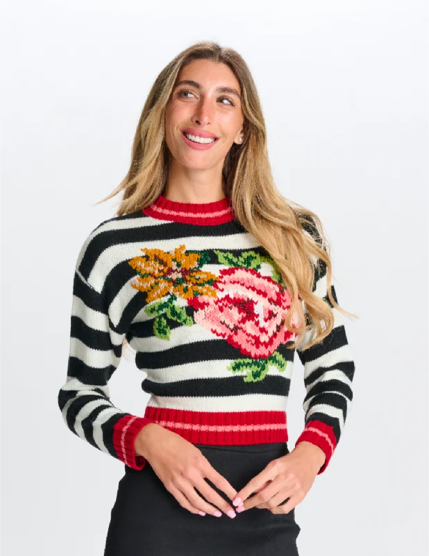 Paper Parachute Striped Embroiderd Floral Sweater Fitted Slim Tailored