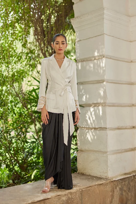 Black Camellia Silk Drape Skirt belted skirt waist