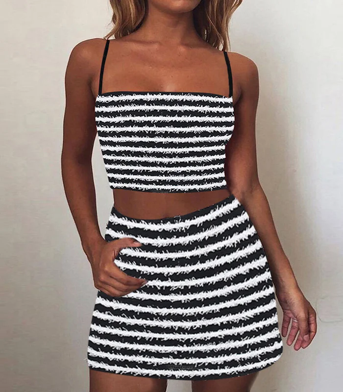 Fashion Women'S Stripe Print Camis And Skirt Set linen skirt light