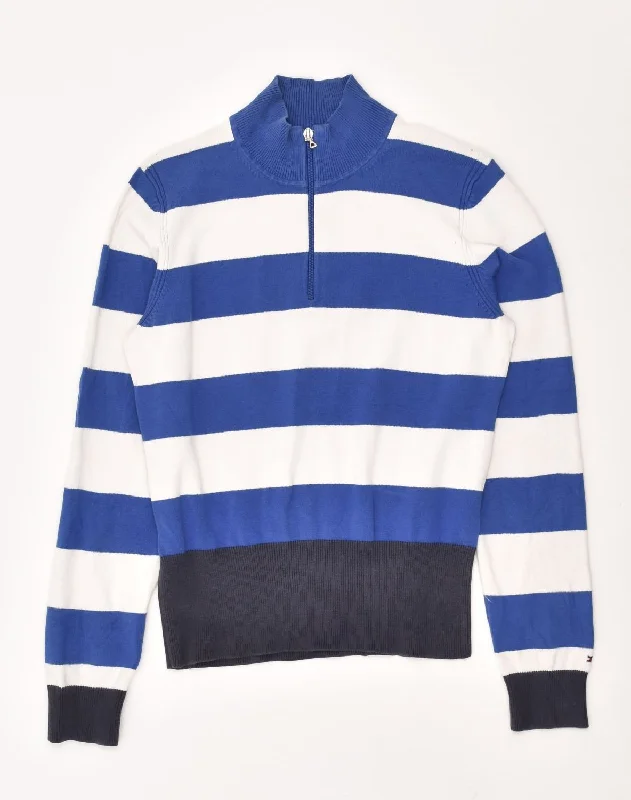 TOMMY HILFIGER Womens Zip Neck Jumper Sweater UK 12 Medium Blue Striped Neon Metallic Matte TOMMY HILFIGER Womens Zip Neck Jumper Sweater UK 12 Medium Blue Striped Neon Metallic Matte