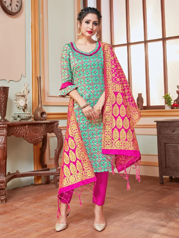 Teal Banarasi Silk Pant Suit With Wevon Design Soft Cotton Pants