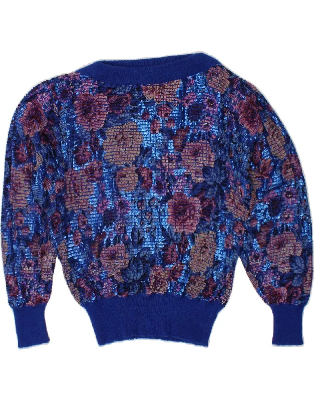 VINTAGE Womens Boat Neck Jumper Sweater UK 14 Large Blue Floral Long Sweater Short Sweater Cropped Sweater VINTAGE Womens Boat Neck Jumper Sweater UK 14 Large Blue Floral Long Sweater Short Sweater Cropped Sweater