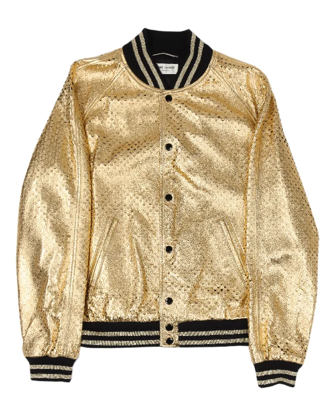 SS17 Gold Leather Teddy Souvenir Jacket Tiered Jacket Buttoned Jacket Zippered Jacket SS17 Gold Leather Teddy Souvenir Jacket Tiered Jacket Buttoned Jacket Zippered Jacket