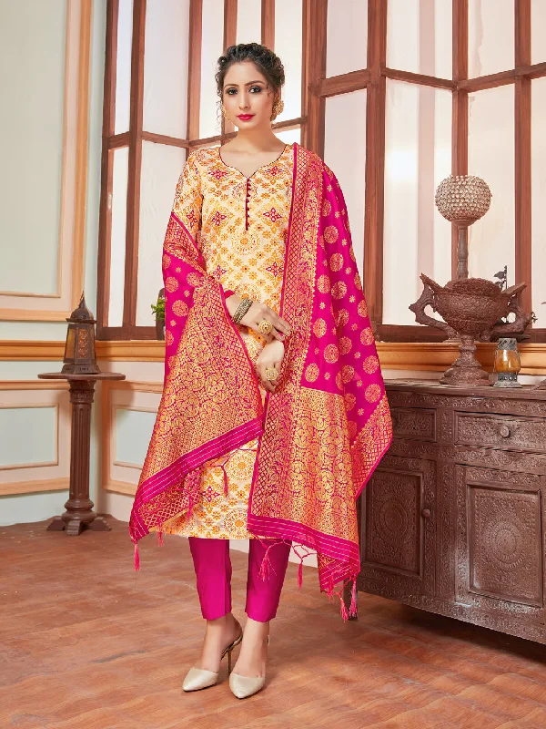 Cream Banarasi Silk Pant Suit With Wevon Design Lightweight Linen Pants