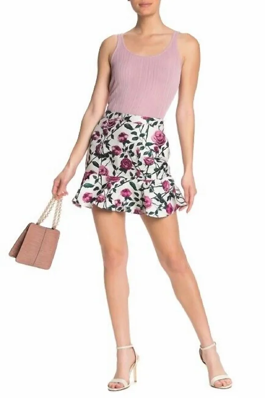 Floral Print Jacquard Ruffled Hemline Mini Skirt In Magenta Combo denim skirt trendy Floral Print Jacquard Ruffled Hemline Mini Skirt In Magenta Combo denim skirt trendy