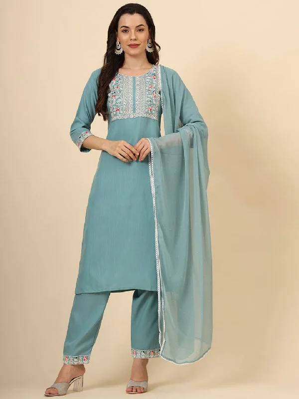 Aqua Blue Trendy Designer Readymade Pant Suit With Embroidery Work Lightweight Jogger Pants