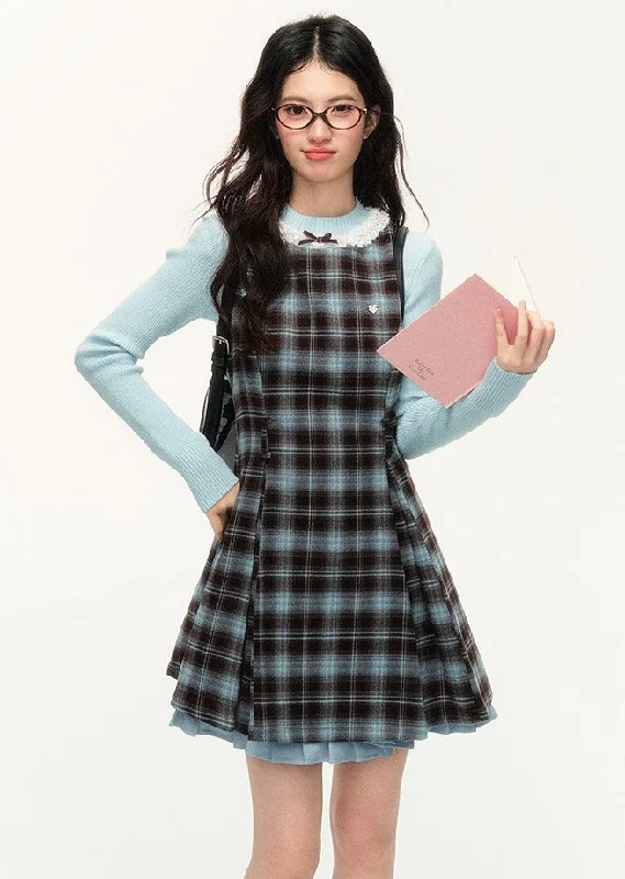 Retro Blue And Brown Plaid Sleeveless Slim A-line Dress NTO0139 Tunics Mesh breathable