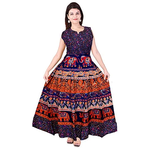 Mudrika Women's Cotton Jaipuri Print Long Dress One Piece with Sleeves Attached Inside with Back Strips (FR_3621, Multicolour, Free Size) Tunics Sophisticated sleek