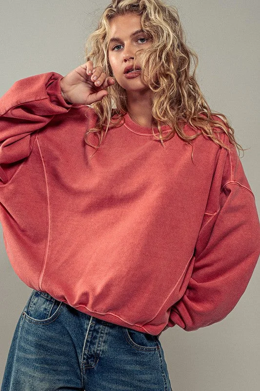 Organic Lazy Days Pigment Washed Sweatshirt Top - Tomato Cream Hoodie with Longline Fit Extended Stylish