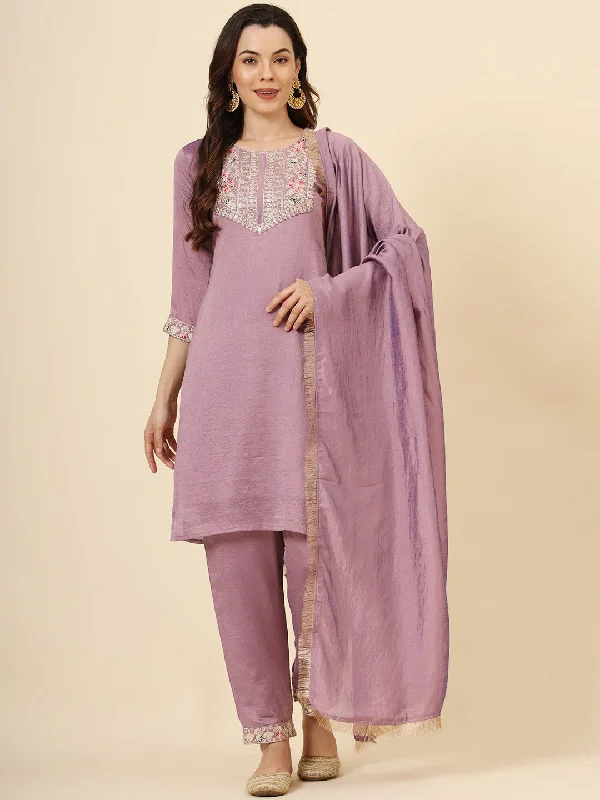 Purple Designer Looking Readymade Pant Suit With Embroidery Work Comfy Zip-Up Pants