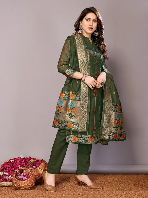 Dark Green Designer Readymade Pant Suit With Wevon Design Casual Plaid Pants