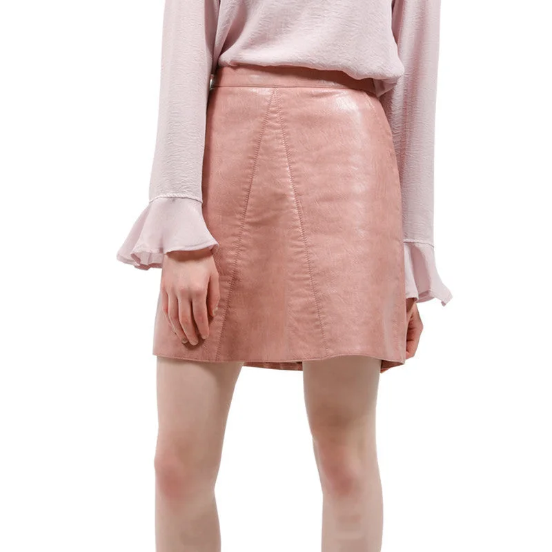 PU faux leather women skirt pink yellow black back zipper velvet skirt glossy
