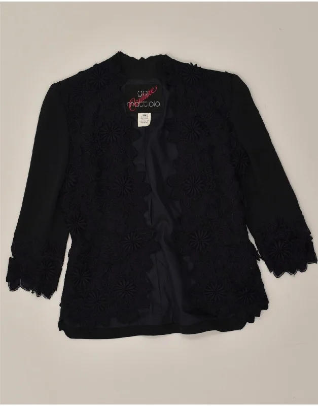 GAI MATTIOLO Womens 3/4 Sleeve Blazer Jacket IT 42 Medium Navy Blue Floral Collared Jacket Crew Neck Jacket Turtle Neck Jacket GAI MATTIOLO Womens 3/4 Sleeve Blazer Jacket IT 42 Medium Navy Blue Floral Collared Jacket Crew Neck Jacket Turtle Neck Jacket
