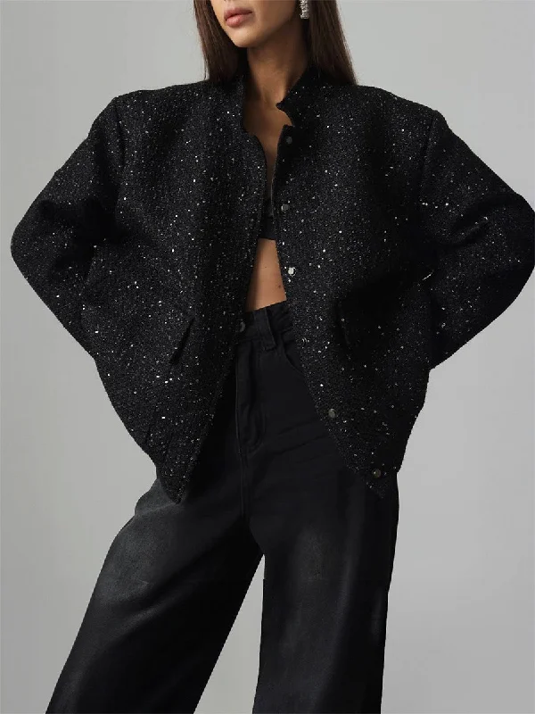 Stand Collar Solid Color Sequin Jacket Fleece Jacket Down Jacket Feather Jacket