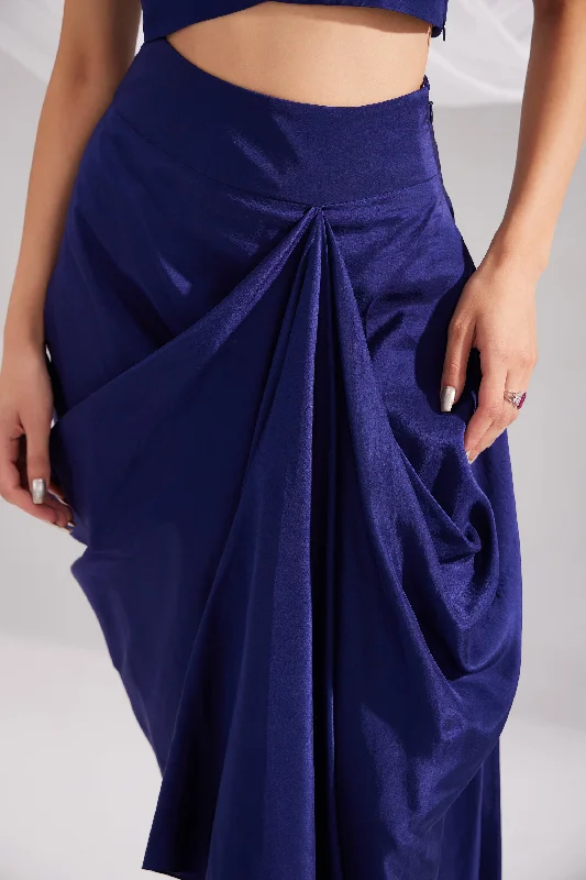 Midnight Blue Silk Draped Skirt high waist skirt