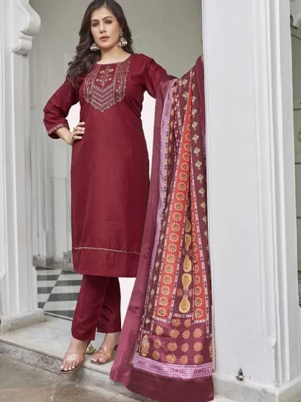 Maroon Trendy Designer Readymade Pant Suit With Embroidery Work Relaxed Linen Pants
