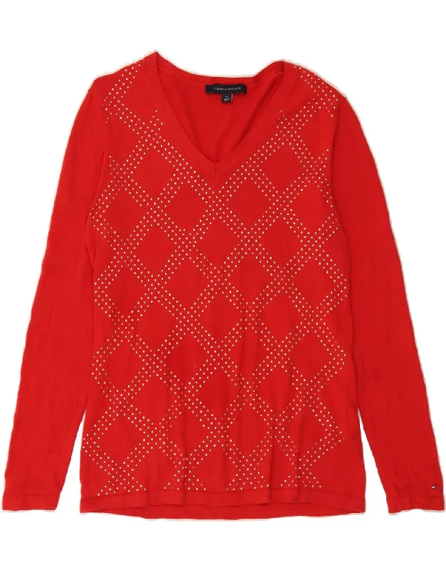 TOMMY HILFIGER Womens V-Neck Jumper Sweater UK 14 Medium Red Terry Blend Velvet Blend Canvas Blend TOMMY HILFIGER Womens V-Neck Jumper Sweater UK 14 Medium Red Terry Blend Velvet Blend Canvas Blend