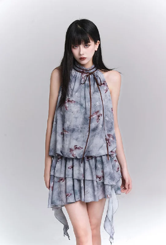 Blue Floral Sleeveless Halter Dress LAD0099 Tunics Exclusive limited