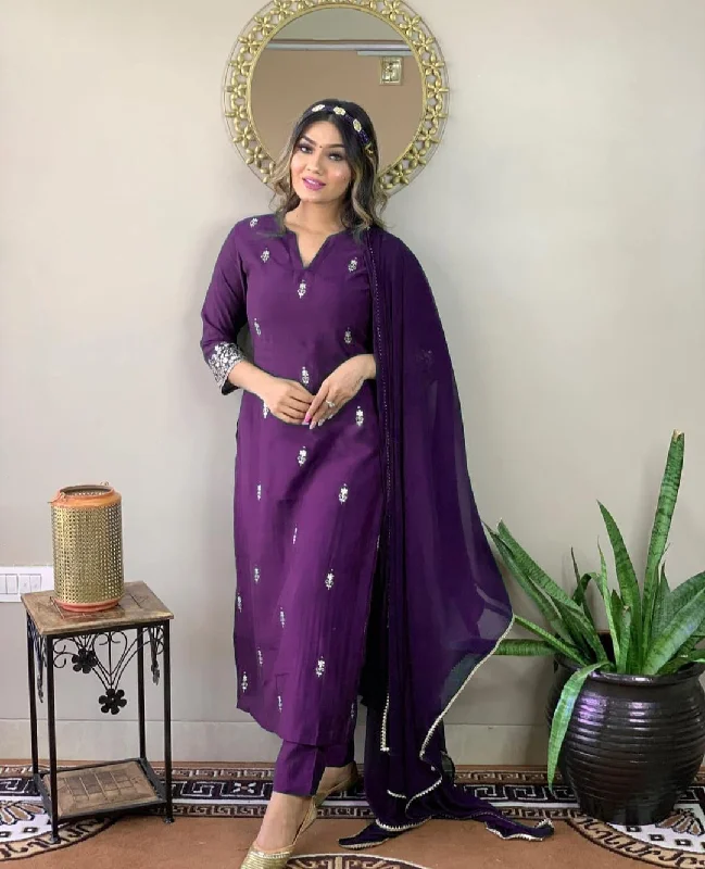 Purple Designer Readymade Pant Suit With Embroidery Work Relaxed Fit Trousers