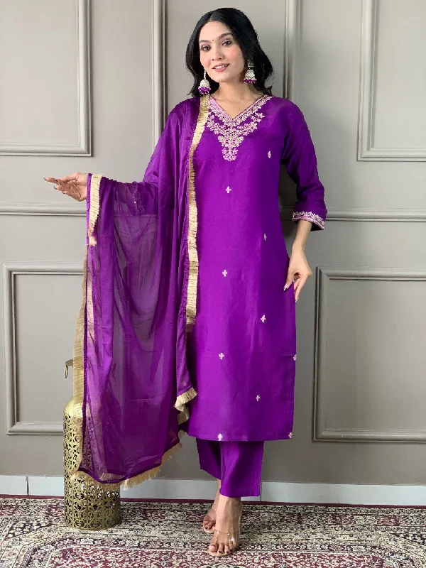 Purple Designer Readymade Pant Suit With Embroidery Printed Work Cozy Knit Pants