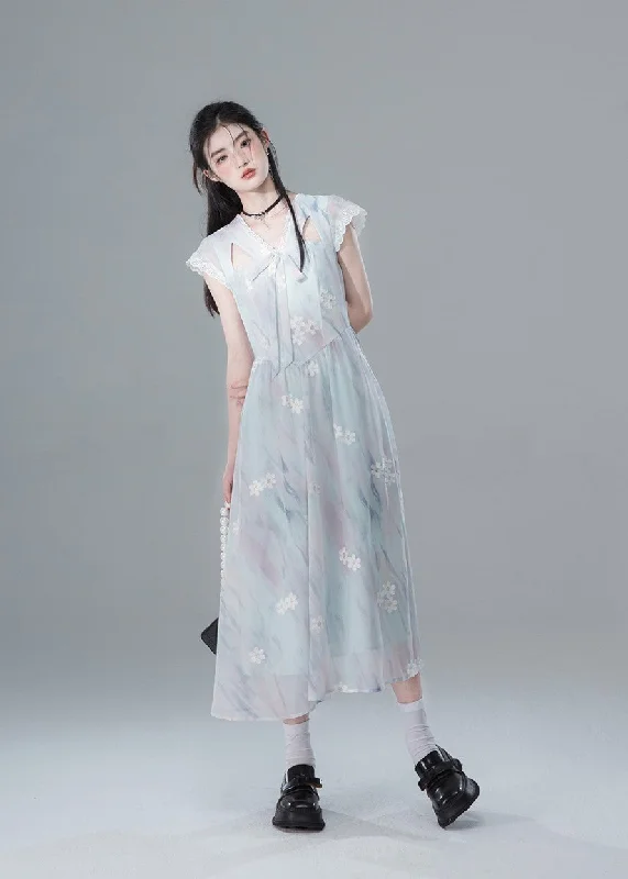 Blue Clear Hollow Romantic Embroidery Dress COT0140 Tunics Cozy comfortable