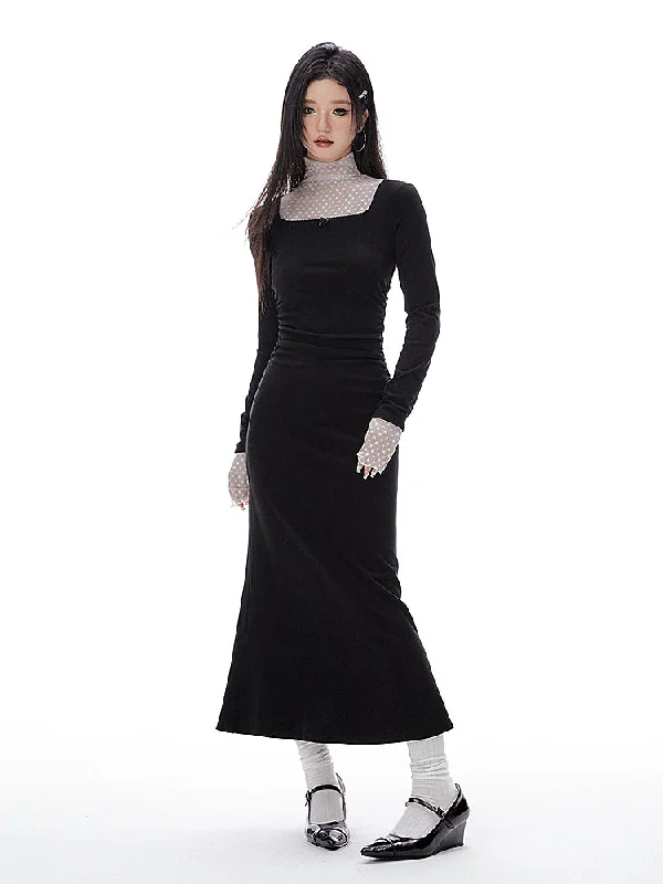 Fake Two-piece Pleated Waist Mesh Half-turtleneck Mermaid Tail Dress IMO0070 Crew Neckline Sporty Fake Two-piece Pleated Waist Mesh Half-turtleneck Mermaid Tail Dress IMO0070 Crew Neckline Sporty