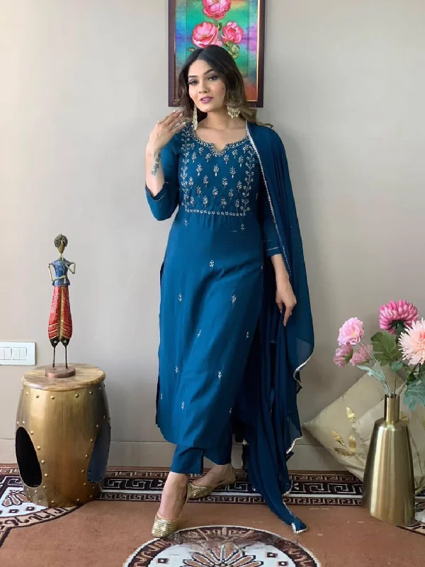 Teal Designer Readymade Pant Suit With Embroidery Work Soft Wool Pants