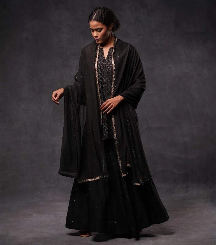 Black Hand Embroidered Cotton Silk Short Kurti Set with Skirt & Dupatta cotton skirt soft