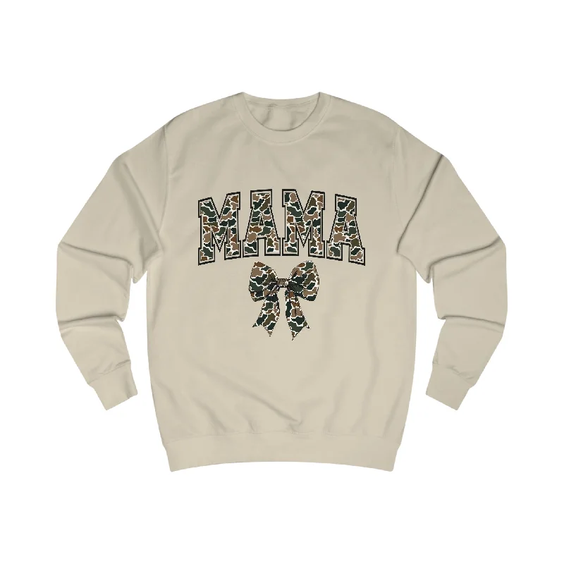 Mama Old Camo Bow Coquette Crewneck Sweatshirt Hoodie with Hem Embroidery Detailed Premium