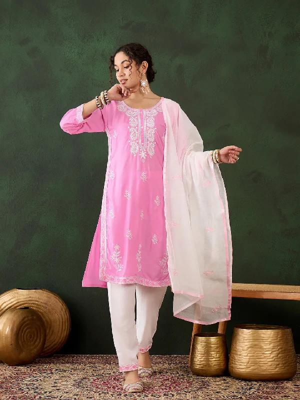 Pink Attractive Looking Pant Suit With Designer Chikankari Embroidery Work High-Waist Yoga Pants Pink Attractive Looking Pant Suit With Designer Chikankari Embroidery Work High-Waist Yoga Pants