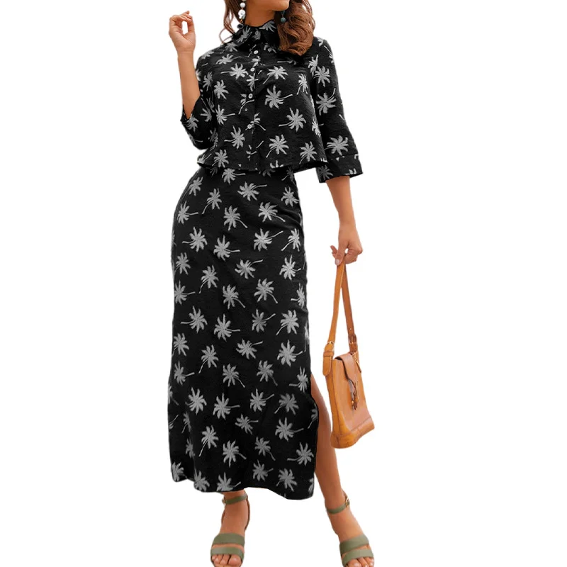 Women Printed Lapel Long Sleeve Top And High Waist Slit Skirt Fashionable Casual Two-Piece Set velvet skirt plush