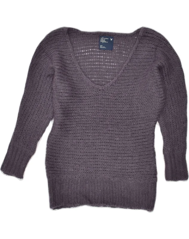 AMERICAN EAGLE Womens Loose Fit V-Neck Jumper Sweater UK 10 Small Navy Blue Collared Crew Neck Turtle Neck