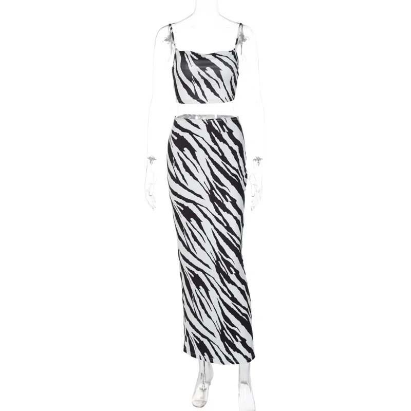 Women'S Fashion Zebra Printed Sling Top + Skirt Two-Piece Set denim skirt durable