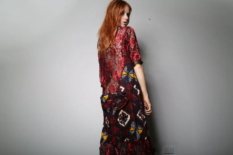 Vintage Lace African Print Floor Length Dress Tunics Distressed trendy