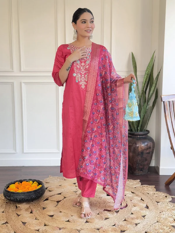 Pink Designer Readymade Pant Suit With Printed Embroidery Work Classic Flared Pants