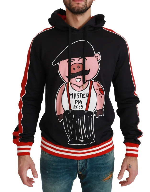 Elegant Black Hooded Sweater With Multicolor Motif Fleece Sweater Nylon Polyester
