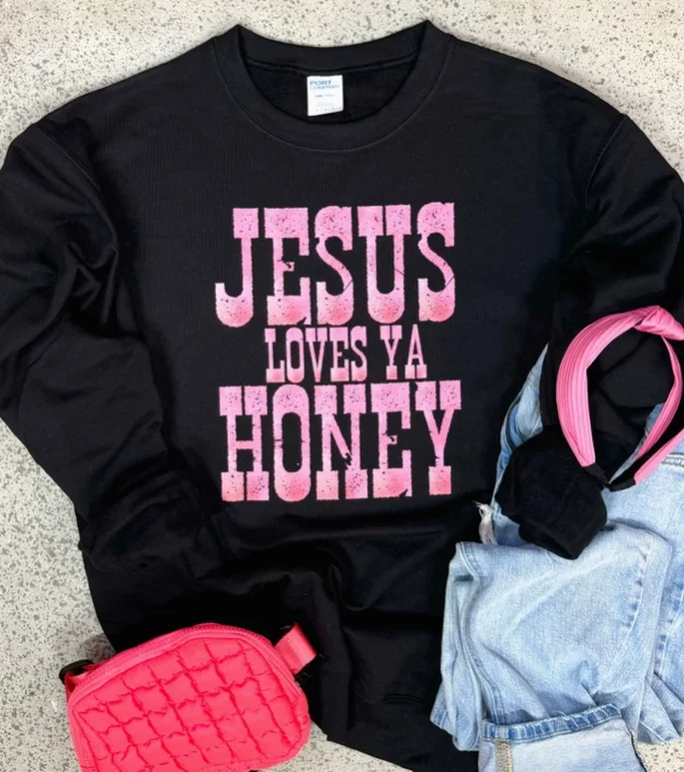 Jesus Loves Ya Honey Graphic Sweatshirt Hoodie with Turtle Neck Cozy Winter