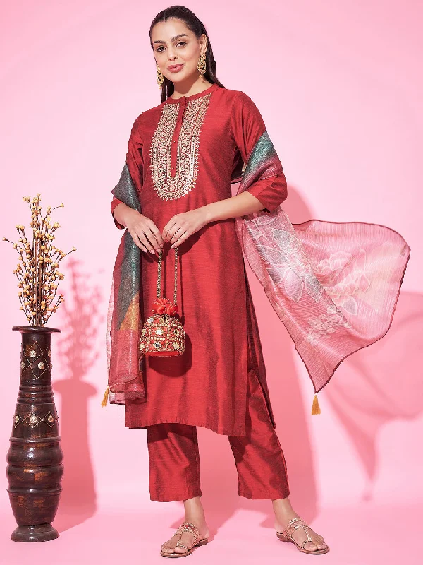 Red Designer Readymade Pant Suit With Printed Embroidery Work Classic Flared Pants