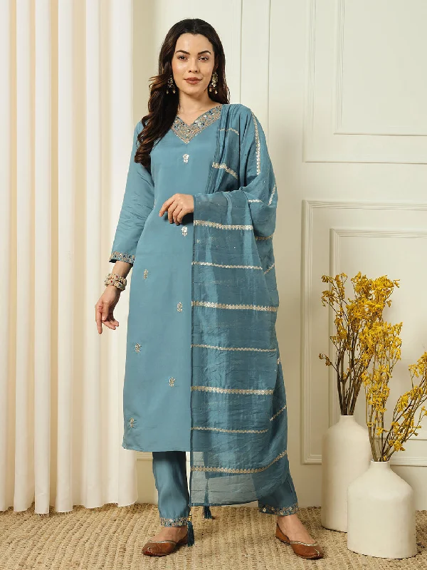 Aqua Blue Classy Designer Readymade Pant Suit With Embroidery WOrk Slim-Fit Leggings Aqua Blue Classy Designer Readymade Pant Suit With Embroidery WOrk Slim-Fit Leggings
