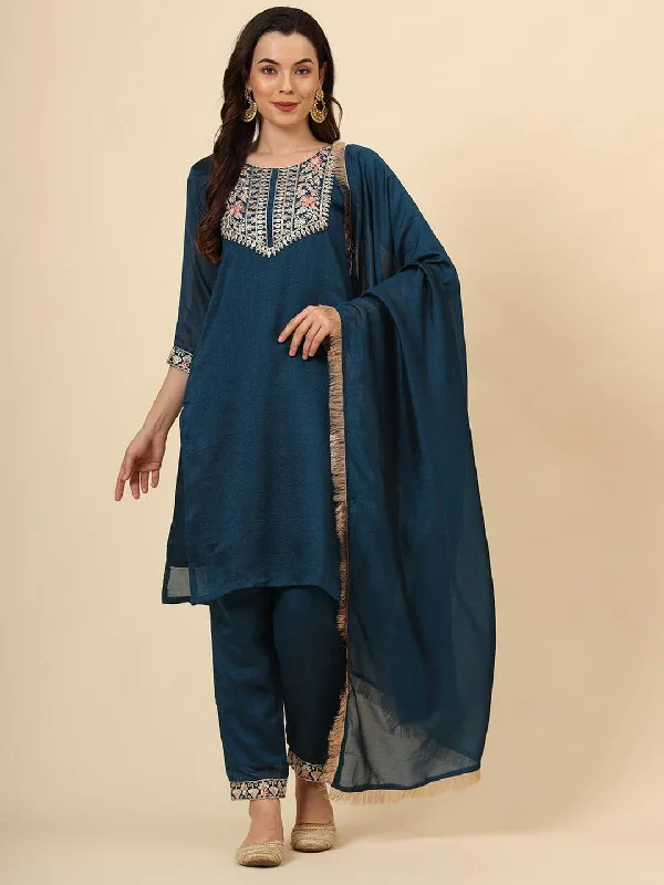 Teal Designer Readymade Pant Suit With Embroidery Work Elegant Trouser Pants