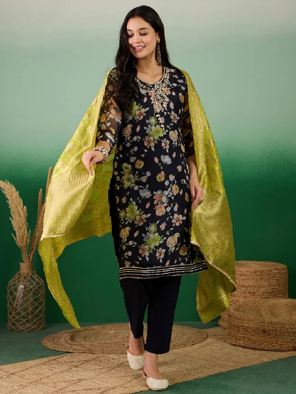 Black Designer Readymade Pant Suit With Printed Hand Work Chic Black Leggings